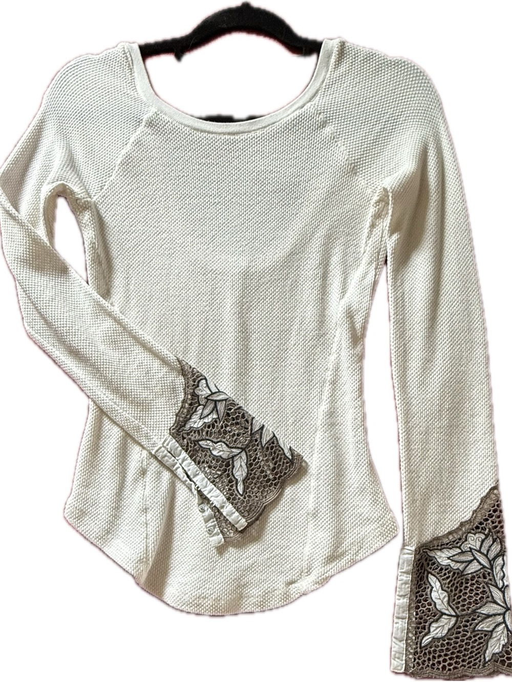 Free People Cream Thermal Scoop Neck Top with Embroidered Bell Cuffs - Picture 2 of 6